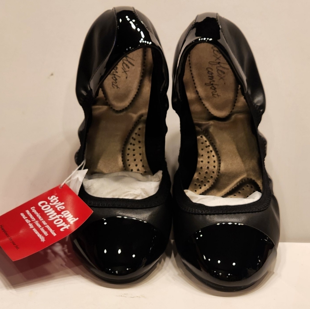 Dexflex Comfort Claire Scrunch Ballet Flats Black Women's Shoes Size 11 Wide